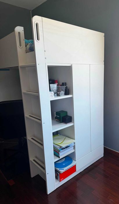 Beliche branco com secretária e 2 gavetas, 90x200 cm · Usado