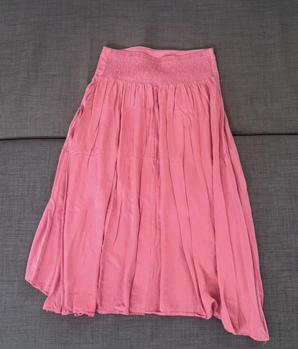 Saia Longa Midi Rosa Coral Cintura Elástico Franzida Assimétrica - Boho Verão