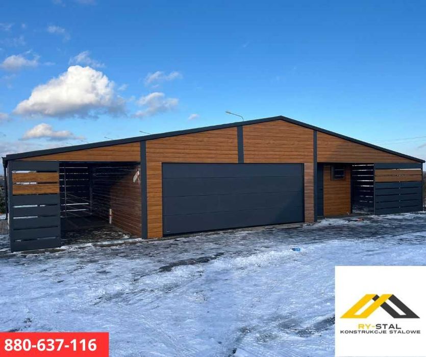 Garaż Blaszany Wiata Samochodowa z Bramą Segmentową PROFIL 16x6