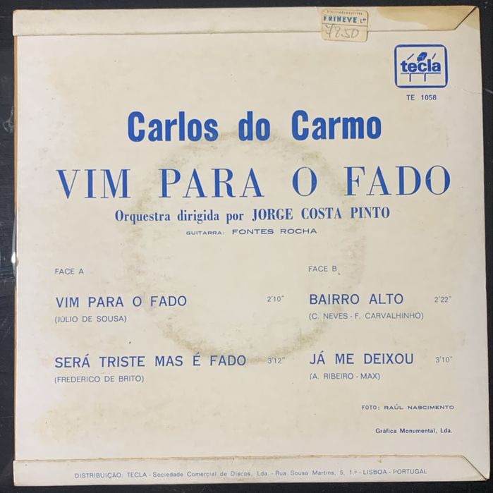 Vinil Carlos do Carmo - Vim para o fado