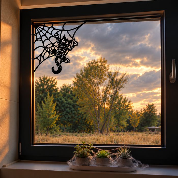 Decoração Halloween gato preso em teia de aranha