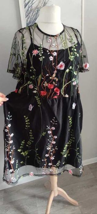 Sukienka siateczka hafty kwiaty łąka Shein 44/46