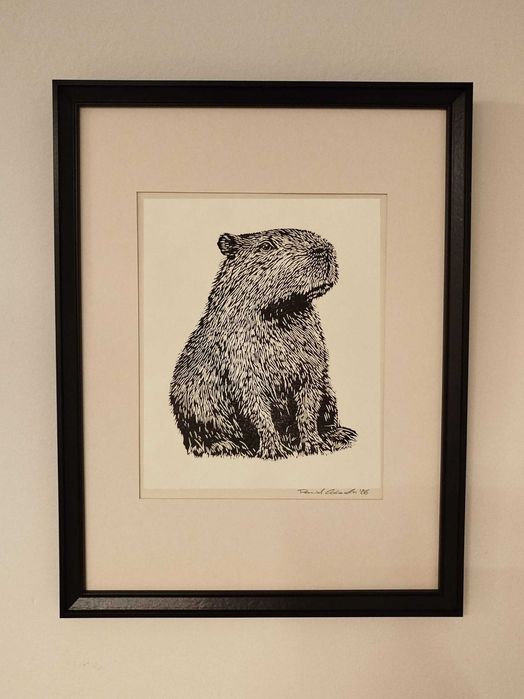 Kapibara Oryginalny Linoryt Grafika Artystyczna Ilustracja Zwierzę Natura Obraz Dekoracja Ścienna Handmade