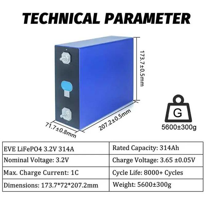 Комірки lifepo4 акумуляторні Eve MB31 314Ah 3,2 B 8000 циклів Клас А