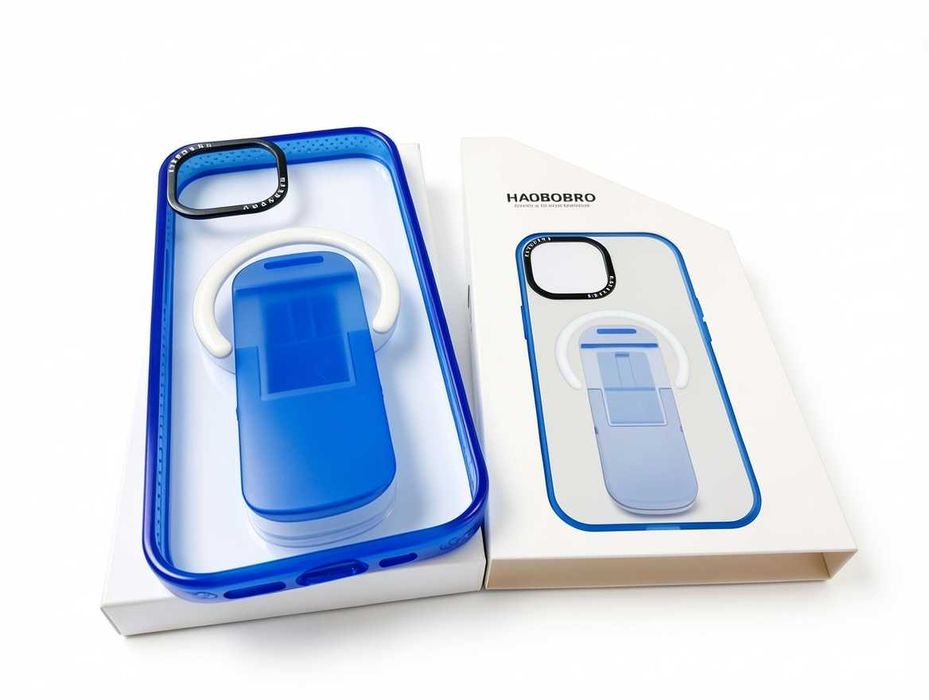 B174 Etui HAOBOBRO Do iPhone 15 Niebieskie Przezroczyste Z MagSafe Magnetyczny Ring Stojak Uchwyt Obudowa Case Do Telefonu Apple iPhone 15 Nowoczesny