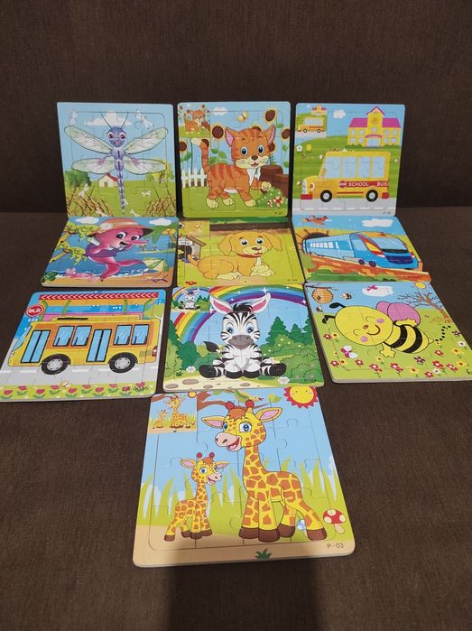 Дерев'яні пазли, пазли вкладиші, геометрика, пазли машина тварини