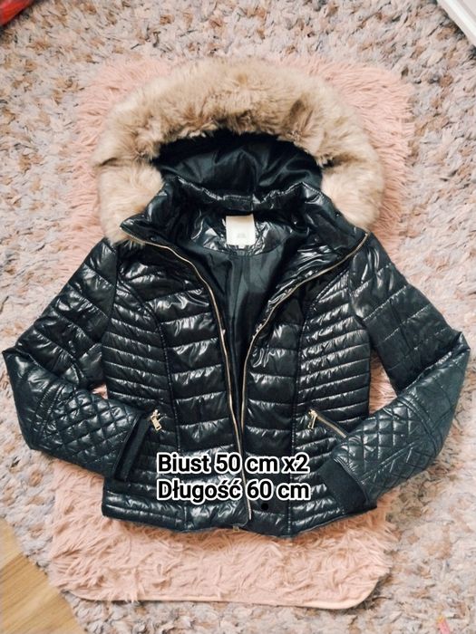 Kurtka damska czarna pikowana kaptur futerko rozmiar 14 River Island