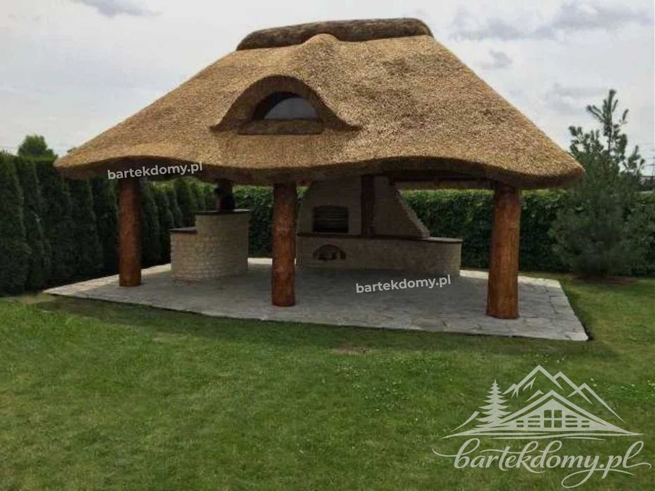 KONSTRUKCJE Drewniane | Altana Ogrodowa Kryta Strzechą z barkiem | grillem kamiennym | Altana 6x4m | Cała Polska