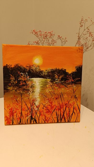 Obraz akrylowy ręcznie malowany "Ciepło jesiennego wieczoru" 30x30 cm, pejzaż