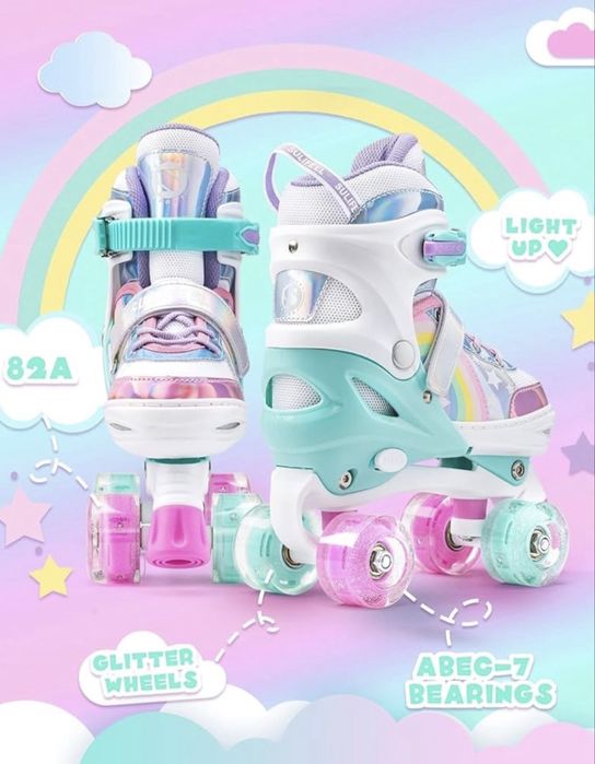 Como novo! Sulifeel Rainbow Unicorn Rodas de Patins com Luzes Ajustáveis para Meninas e Meninos, Tamanho: EU 28-31