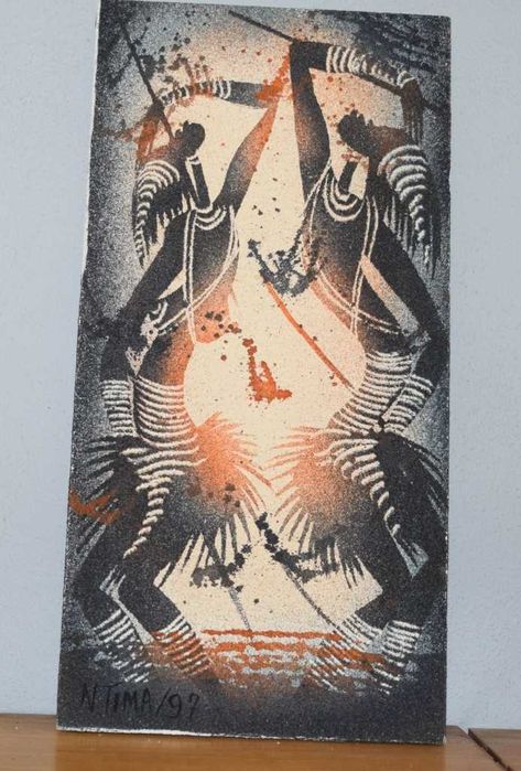 Quadro africano (Angola) pintado a tinta de areia – Par de dançarinos – 1997