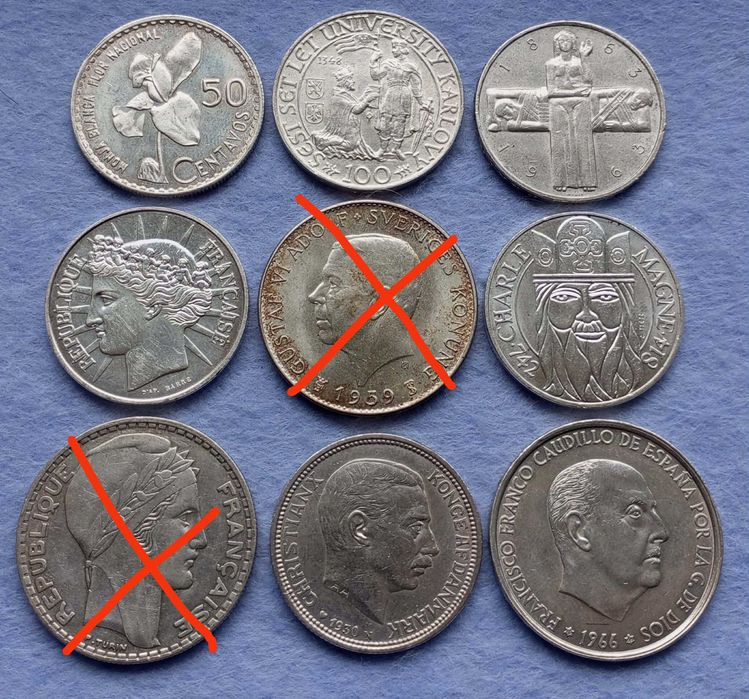Срібні монети 100 крон 1948, 5 франків 1963, 50 сентаво 1962, 100 франків, 100 песет 1966,  штемпельний блиск