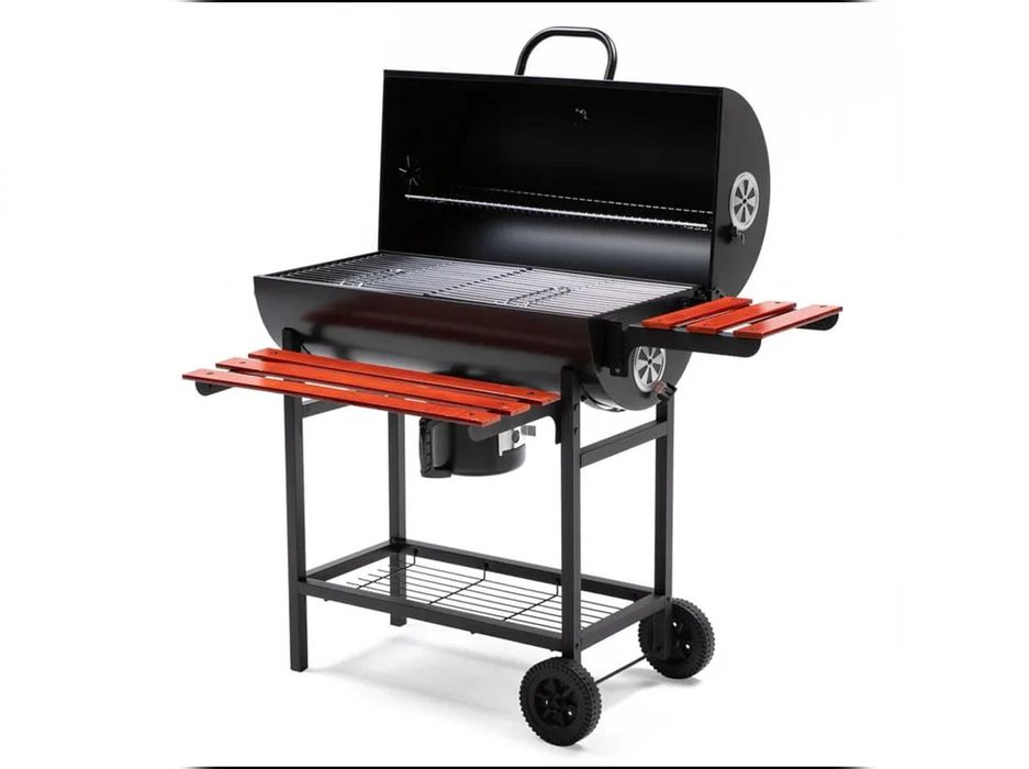 Premium Grill Węglowy XXL – Kształt Beczki | Powiększony Ruszt (71x35 cm), Grubościenna Stal, Wbudowany Termometr | Zestaw z Popielnikiem i Półkami