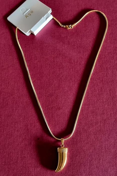Colar dourado, em aço, com pingente em forma de corno.