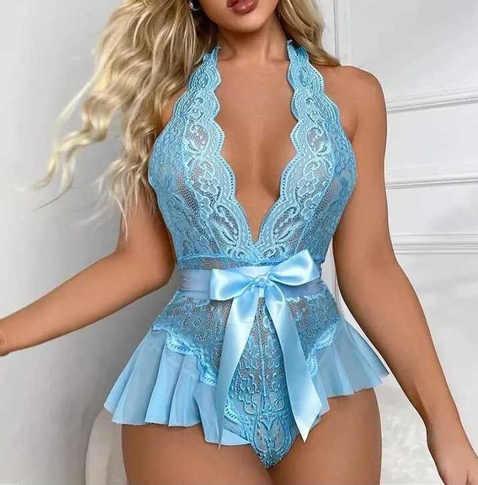 seksowny głęboki dekolt wserek z koronką bez pleców gorset niebieski L