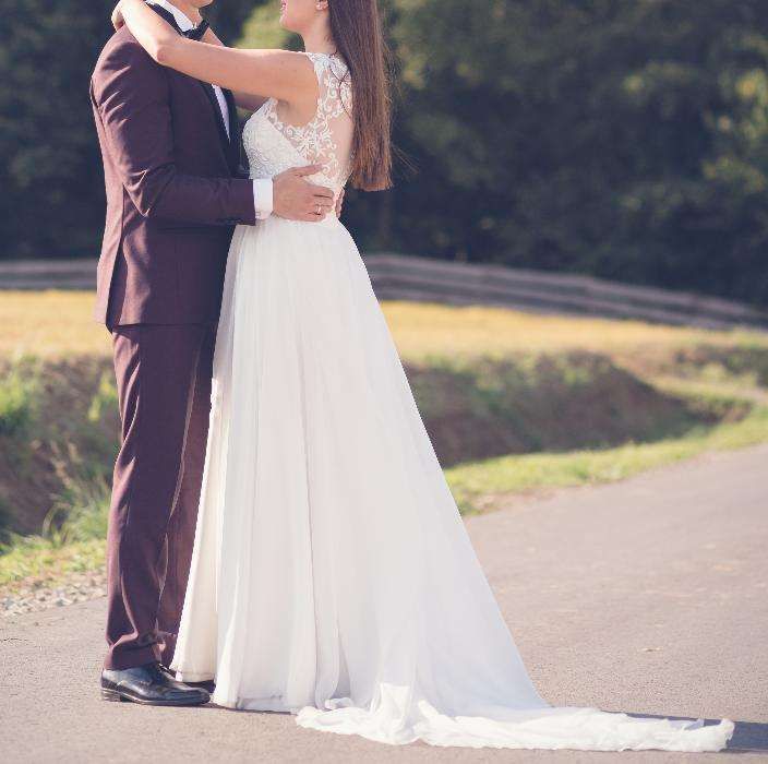 Śmietankowa, piękna suknia ślubna, rozm. 36, Gipiura,Promocja, Poleca