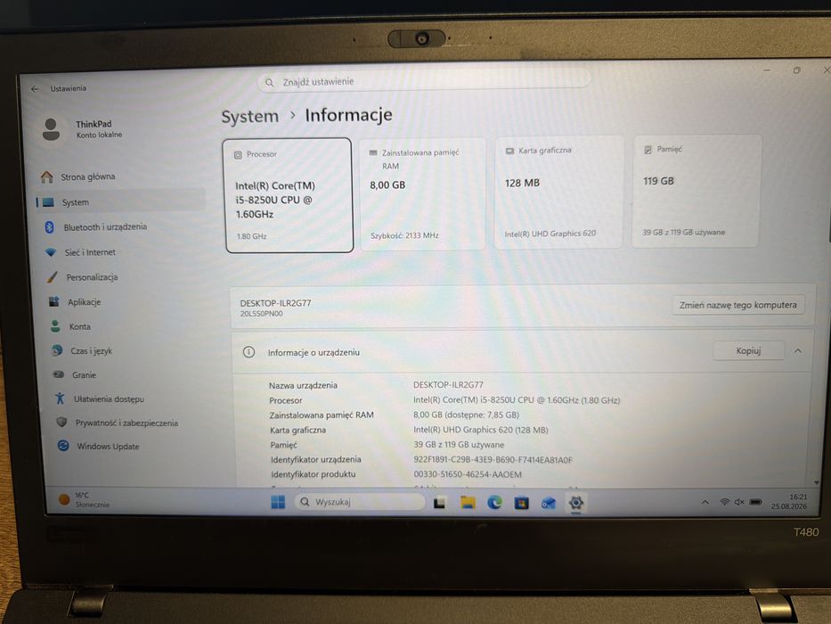 Lenovo T480 i5 8 gen, 8/120 GB