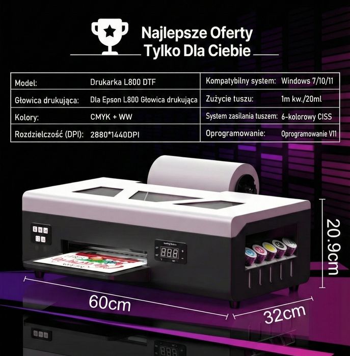 Drukarka DTF L800 do Koszulek – Zestaw Startowy z Rolką i Oprogramowan