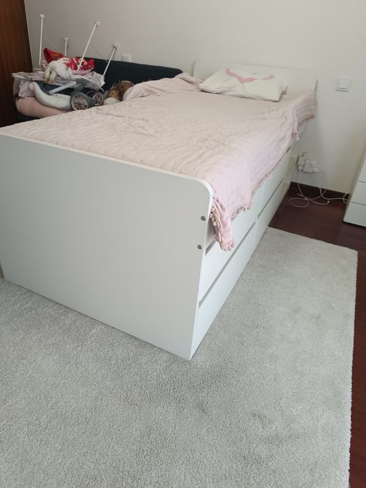 Estrut cama c/arrum+estrad ripas, branco, 90x200 cm