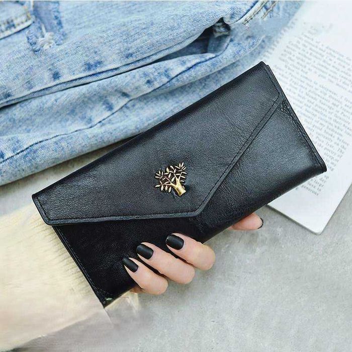 Czarny portfel, skóra ekologiczna, 19 x 9, dużo przegródek