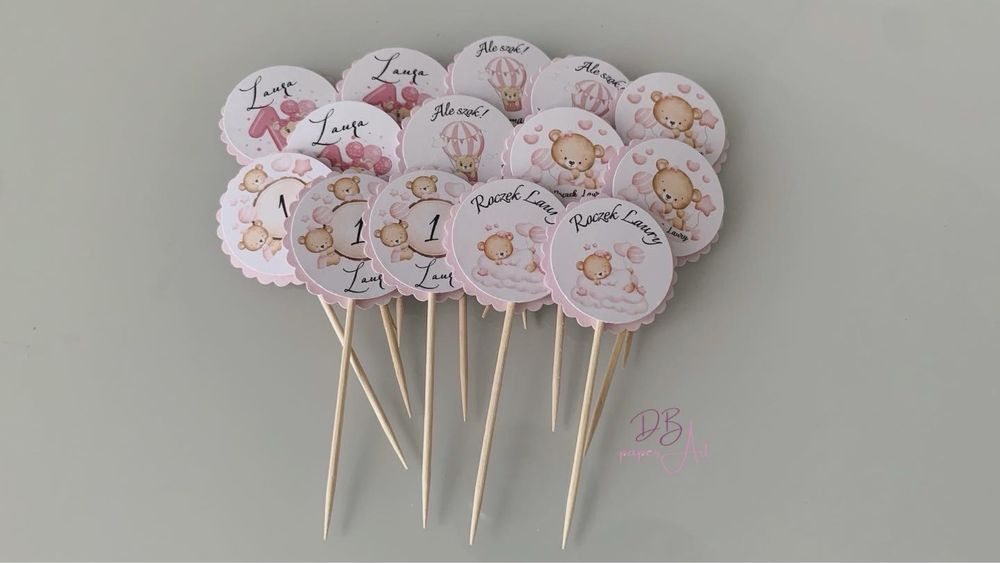 Pikery na urodziny dziecka roczek różowe 18 szt