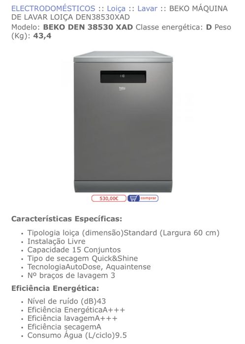 Máquina de Lavar Loiça BEKO DEN38530XAD – Ótimo Estado