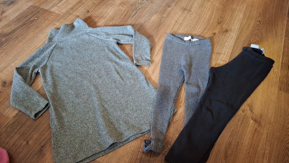 Zestaw 110 sukienka dzianinowa legginsy i dresy