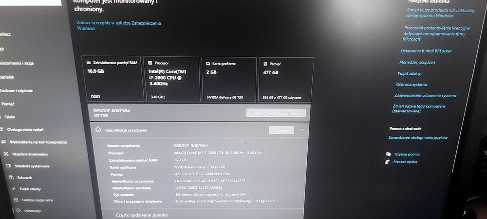 Komputer stacjonarny 512 ssd 16gb ram ddr3 geforce gt 730 intel core i7 + monitor