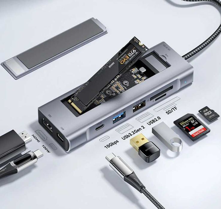 Док станция USB-С Hub Essager ES-TA08 8-IN-1 USB HDMI Type-C SSD M.2