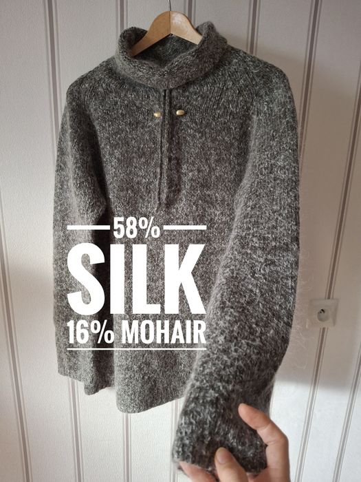 Mięsisty miękki jedwabny sweter golf długi melanż khaki ciemna zieleń