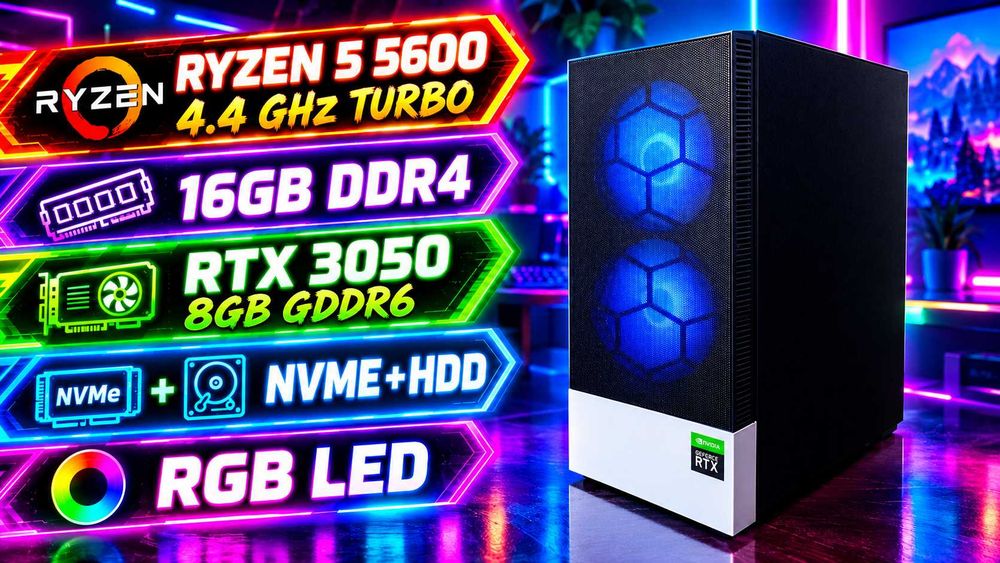 Komputer Gamingowy Ryzen5 5600 | RTX 3050 8GB | 16GB DDR4 | NVMe + HDD | RGB LED