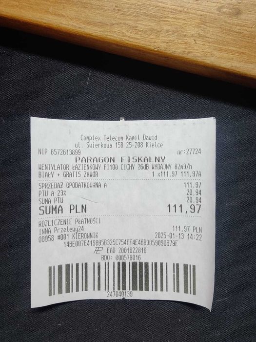 Wentylator łazienkowy FI100 cichy 26dB 82m3/h biały + gratis zawór