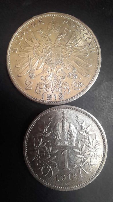 1 и 2 кроны 1912 год Австро-Венгрия  (оригинал). Редкий