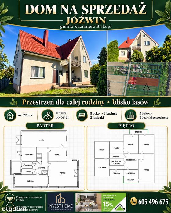 Dom 220 m² | działka 55,69 ar | 8 pokoi | Jóźwin, gm. Kazimierz Bisk.