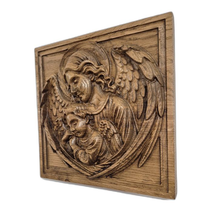 Płaskorzeźba z drewna – Anioły, ochrona i spokój, PREZENT
