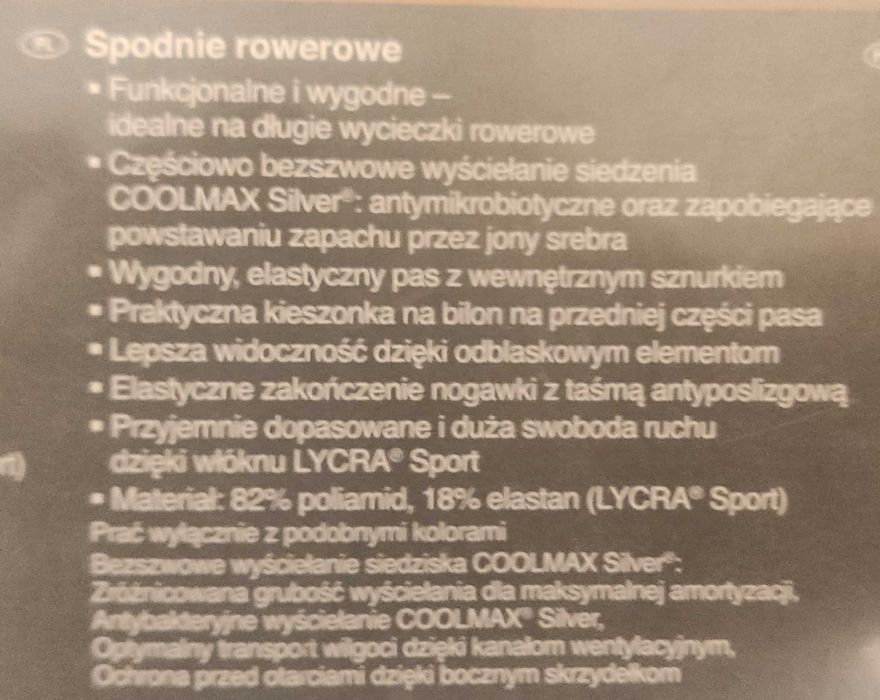 Spodnie rowerowe męskie Crivit rozmiar L 52/54 wkładka COOLMAX