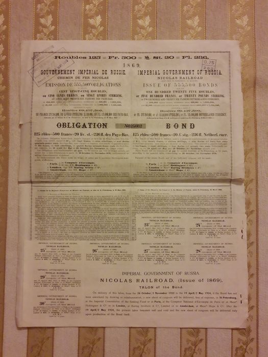 Obligacja Koleje Mikołajewskie Moskwa- Petersburg 1869 rok