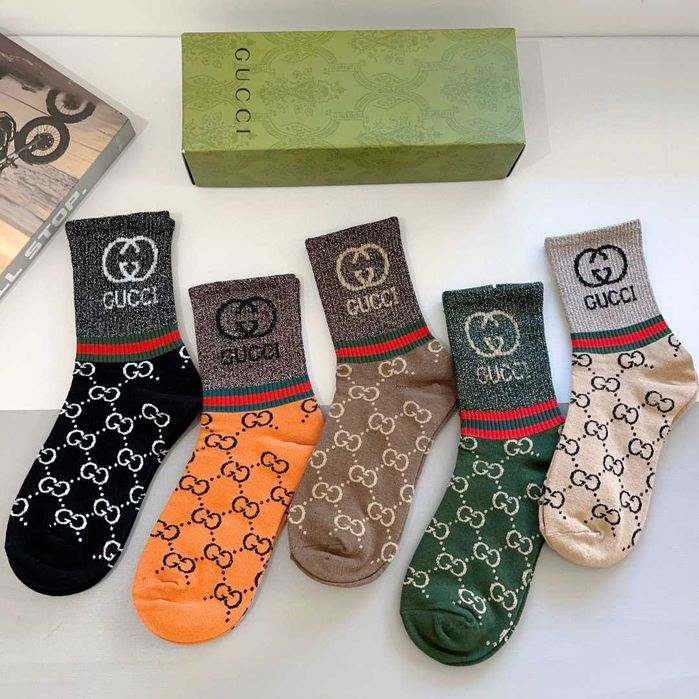(5 pares) Meias compridas estilo novo Gucci tecido de algodão puro