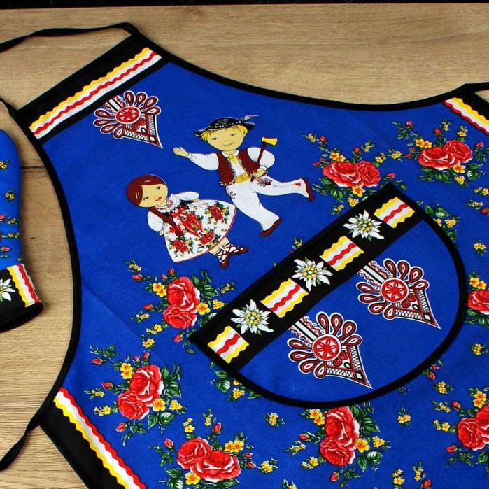 Fartuch Kuchenny Niebieski Folk w Stylu Podhalańskim Fartuch Góralski