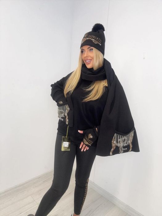 Piękny komplet trzyczęściowy czapka szalik rękawiczki paparazzi