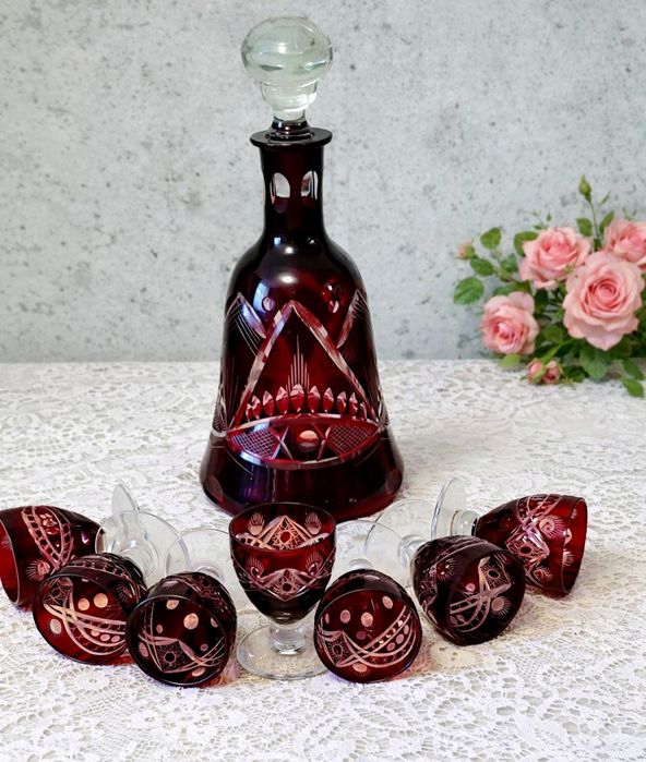 Rubinowy Zestaw Kryształowy PRL / Bohemia – Karafka + 7 Kieliszków!