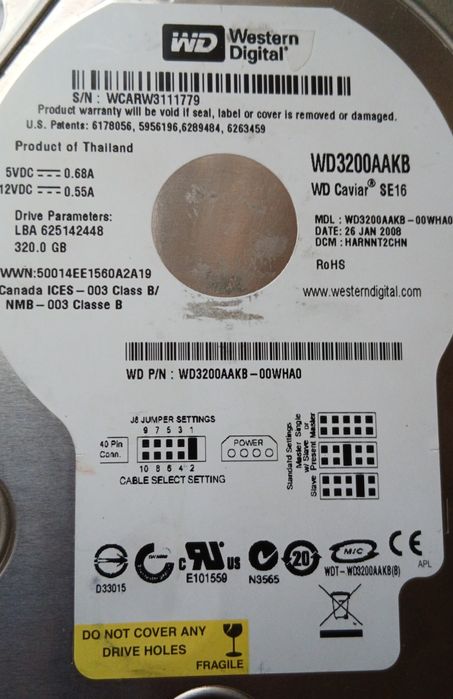 HDD PATA / IDE 320 GB Western Digital Caviar SE16 7200 RPM (Ретро-ПК )