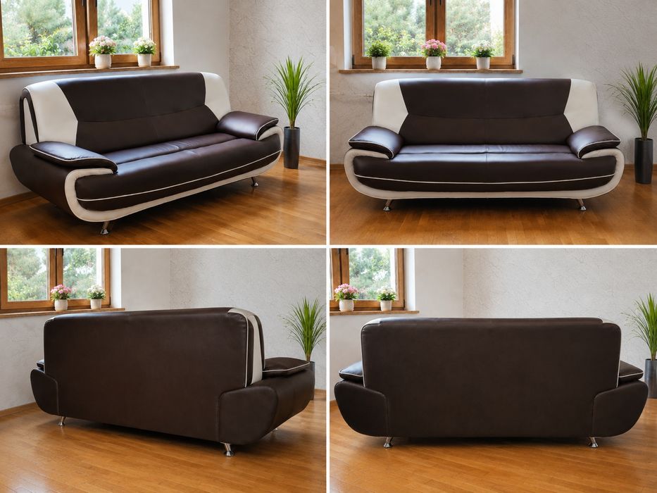 Sofa 3-osobowa 190 cm, brązowo-biała ekoskóra – 2 szt.