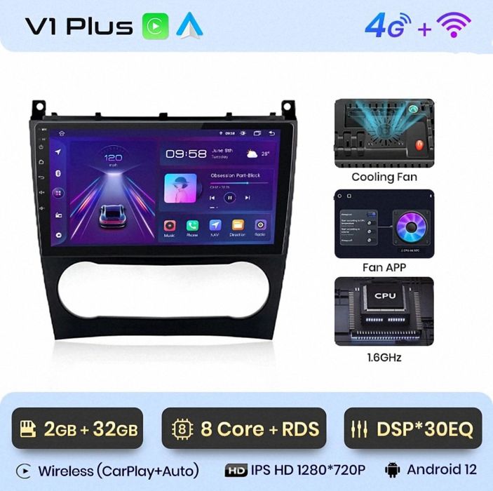 Rádio 9" Mercedes W203 Android Auto CARPLAY WIFI GPS 2/32GB 8CORE Novo