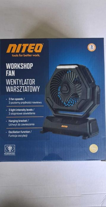 Wentylator Warsztatowy 3 prędkości Oświetlenie Oscylacja Wiatrak