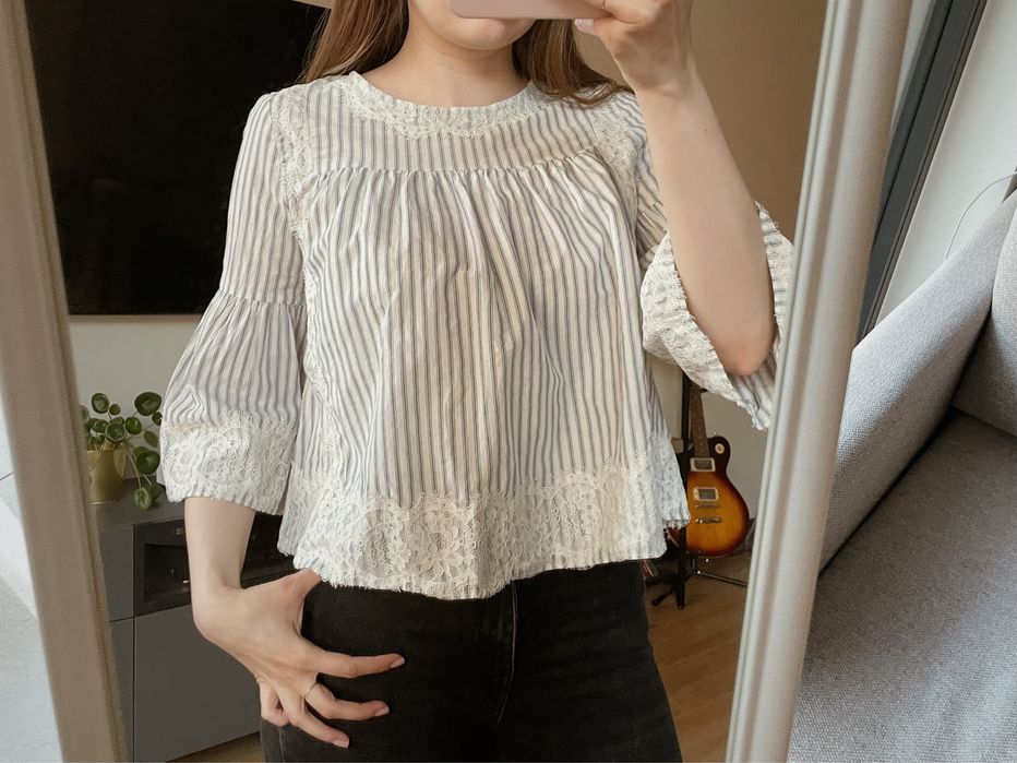 Bluzka koszula zara luźna krótka w paski z koronka falbanka szerokie