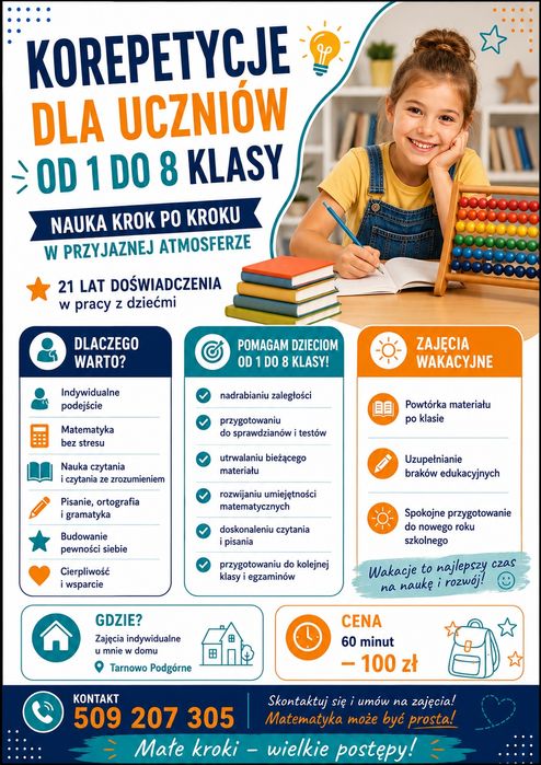 Korepetycje,skuteczna  pomoc w nauce dla uczniów klas I - VIII