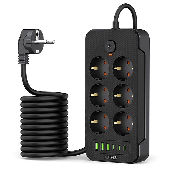 Tech-Protect Pc6X6 Power Strip 3 Usb & 3 Type-C & 6 Socket 200Cm Black