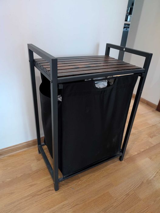 Wózek na pranie z półką - czarny, drewno - Stan idealny!
