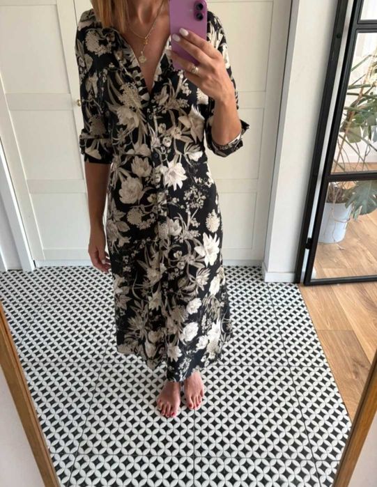 Reserved dluga maxi midi sukienka koszulowa w kwiaty wiskoza